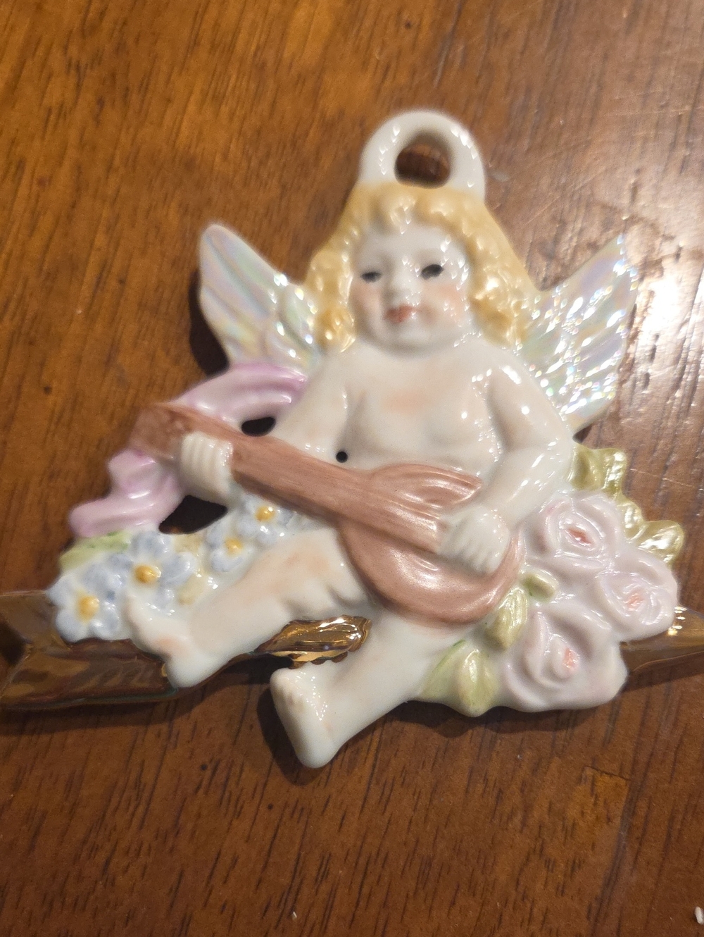 3" Porcelain Cherub Ornament in Pink, White & Gold